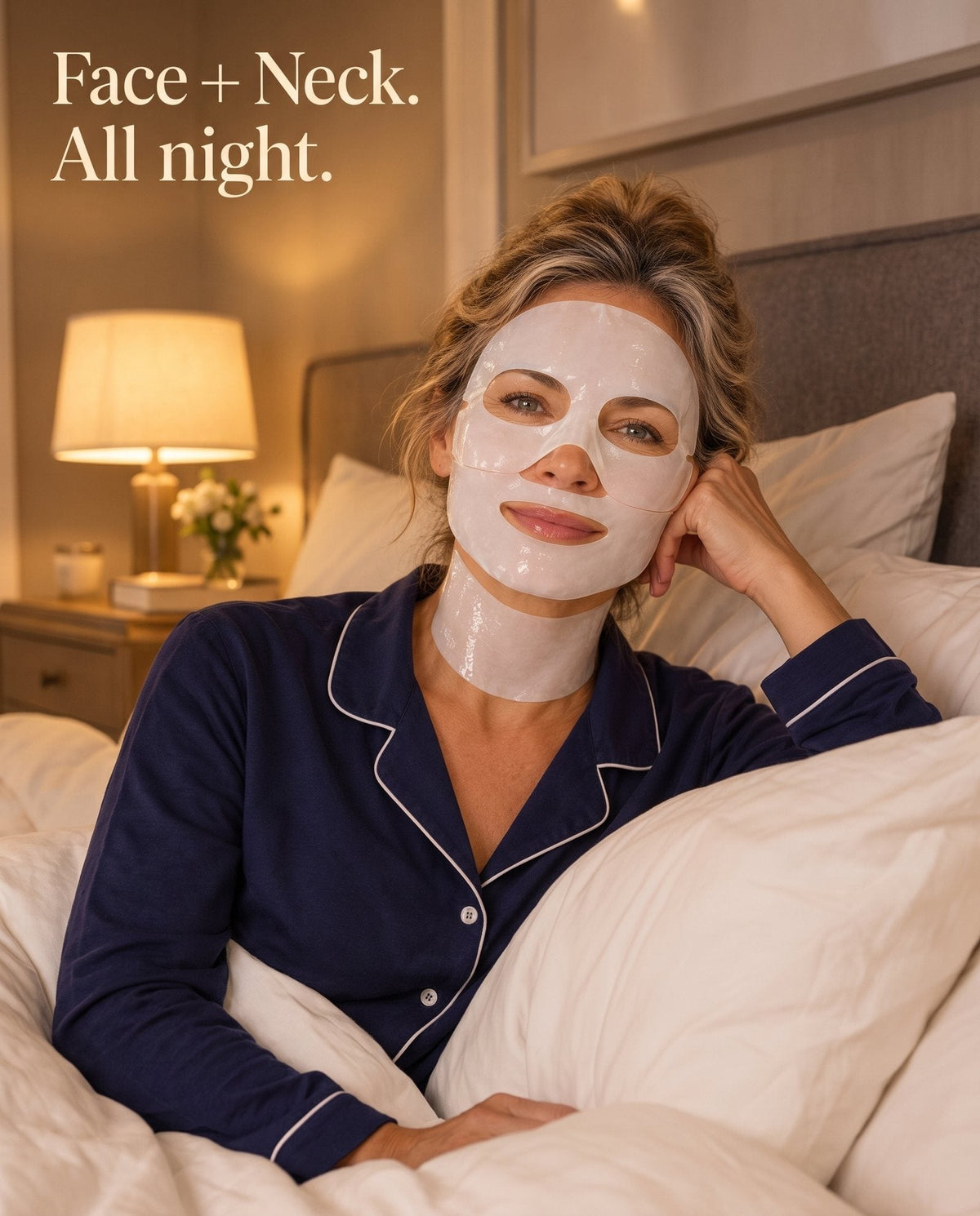 Woman in bed at night wearing the 3-piece AfterShot face and neck mask